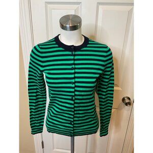 J. Crew The Caryn Cardigan Navy Blue & Green Striped Button-Up, Size XXS